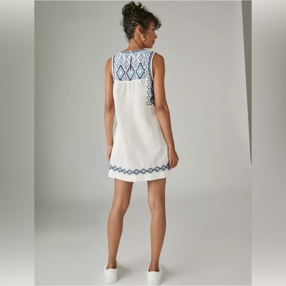 Lucky Brand Boho Blue Embroidered White Cotton Linen Blend Shift Dress Sz Small - Picture 4 of 12